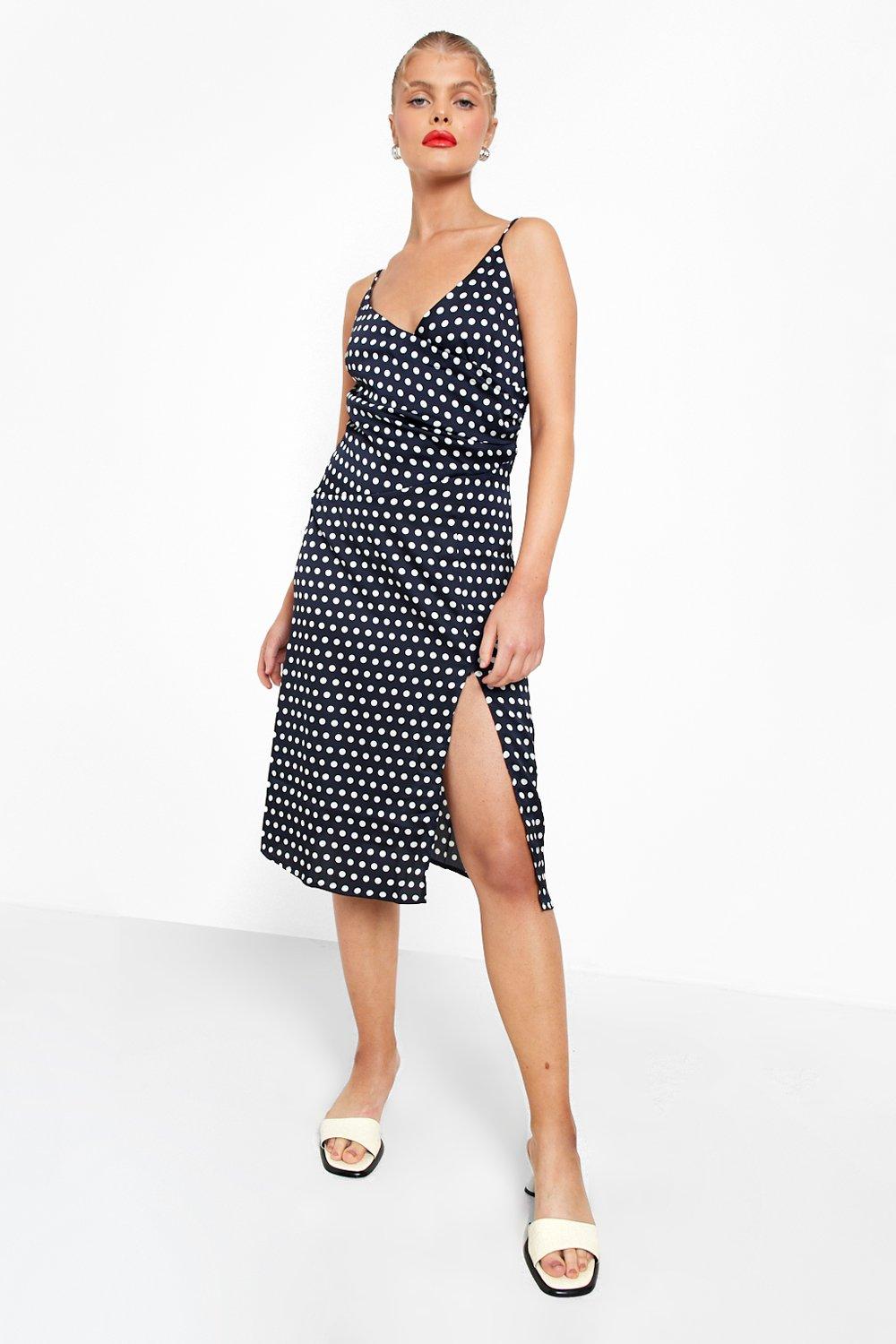 Satin polka shop dot wrap dress