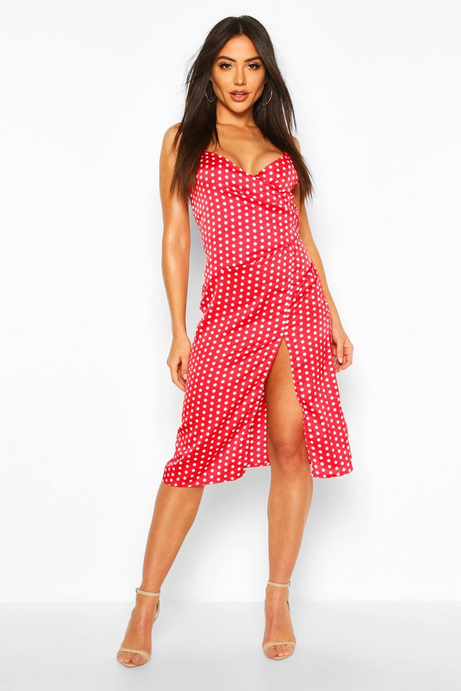 Red Boutique Satin Polka Dot Wrap Slip Dress image number 1