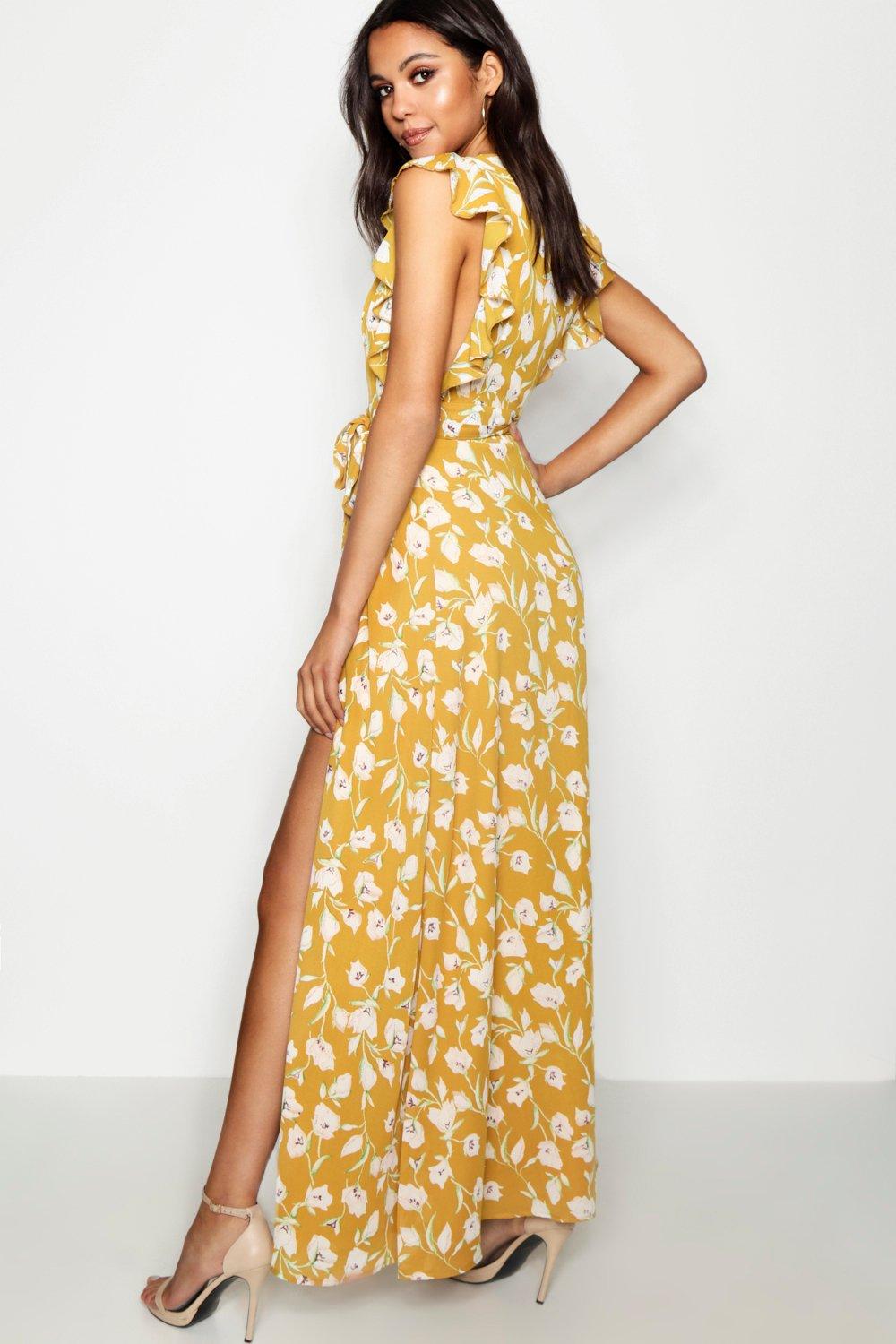 Yellow Floral Print Modal Satin A-Line Maxi Dress-MAX105