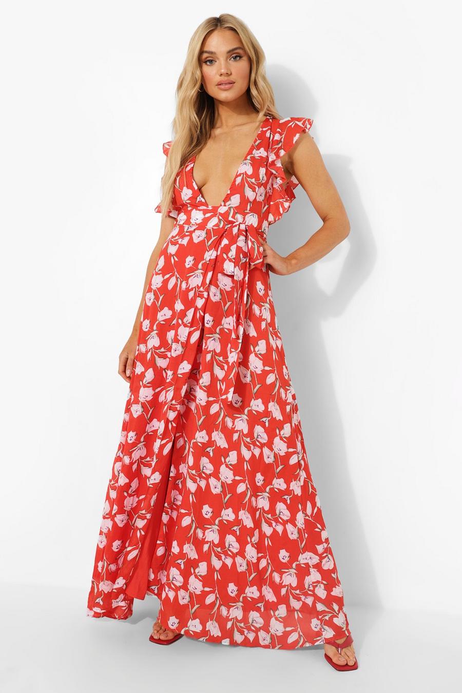 Red Floral Frill Detail Wrap Maxi Dress image number 1