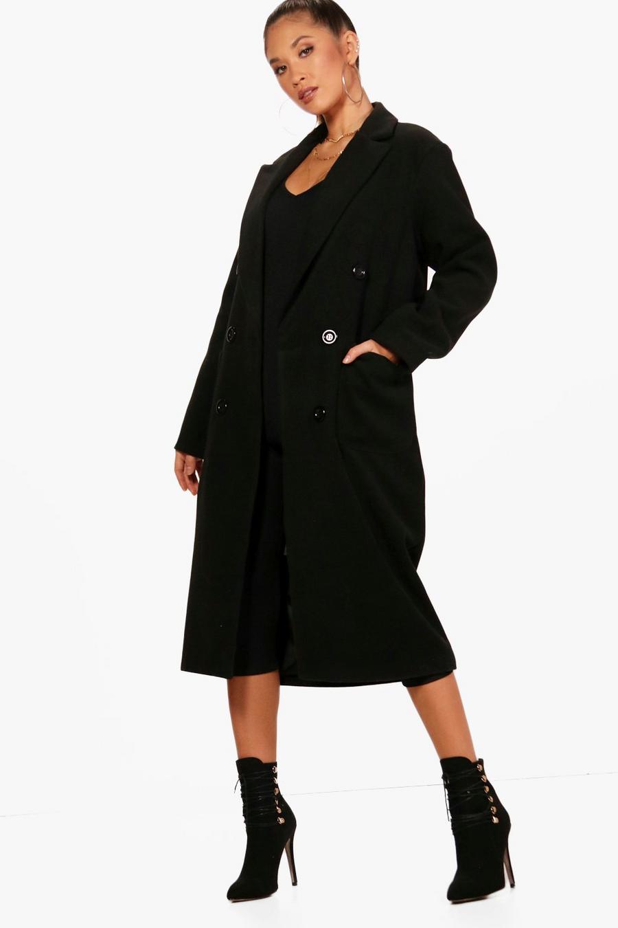 Black Long Line Double Breasted Wool Look Coat image number 1