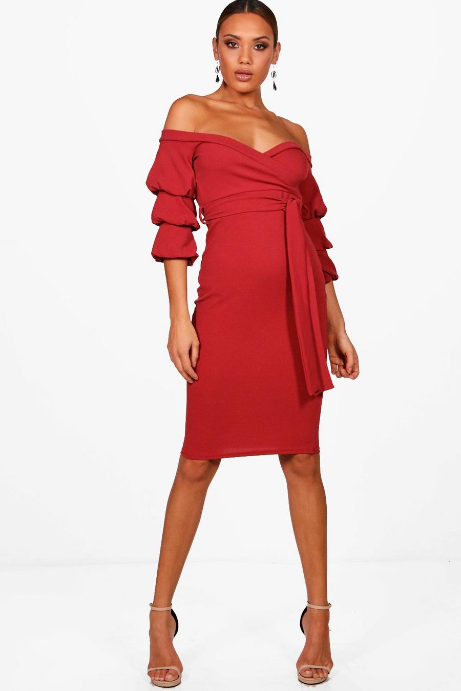 Cranberry Off the Shoulder Sleeve Detail Midi Dress image number 1