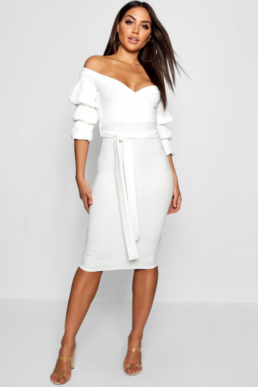White Off the Shoulder Sleeve Detail Midi Dress image number 1