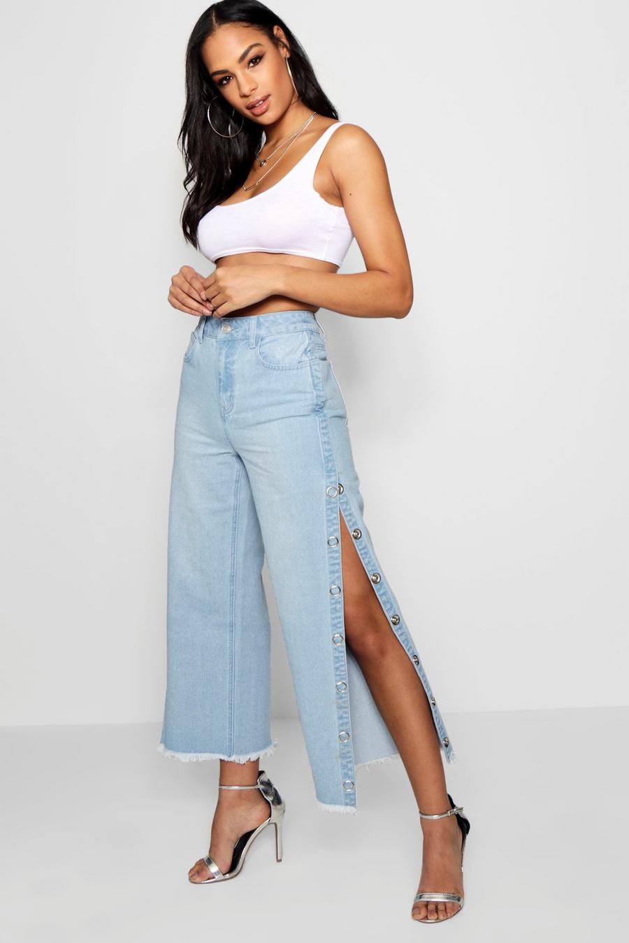 High Rise Side Popper Straight Leg Jeans image number 1