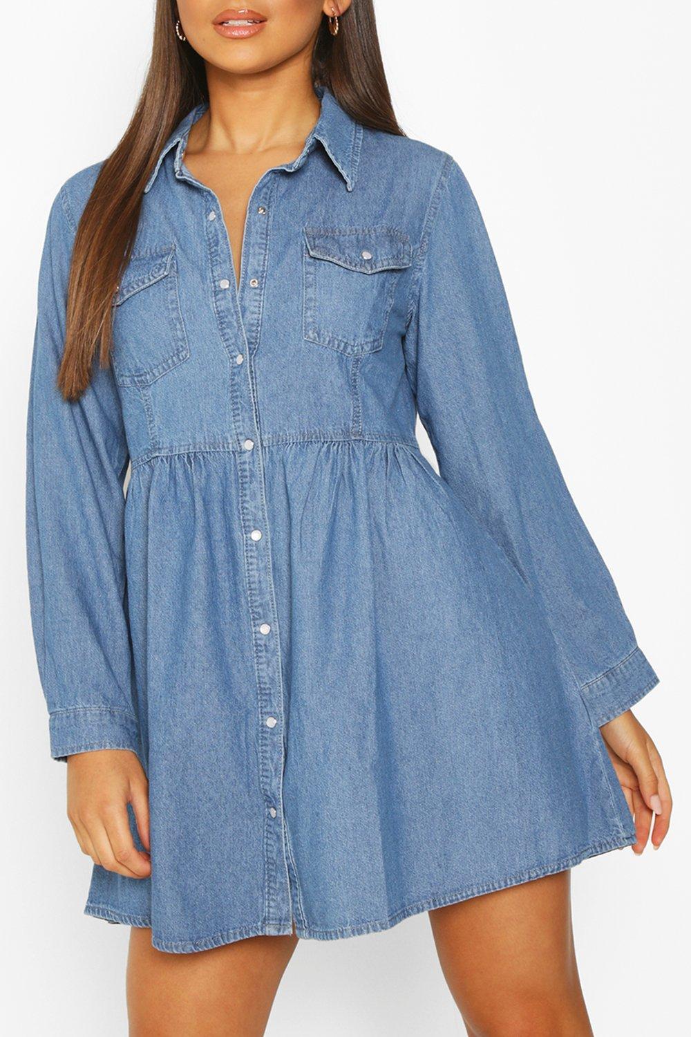 Long Sleeve Denim Shirt Dress boohoo