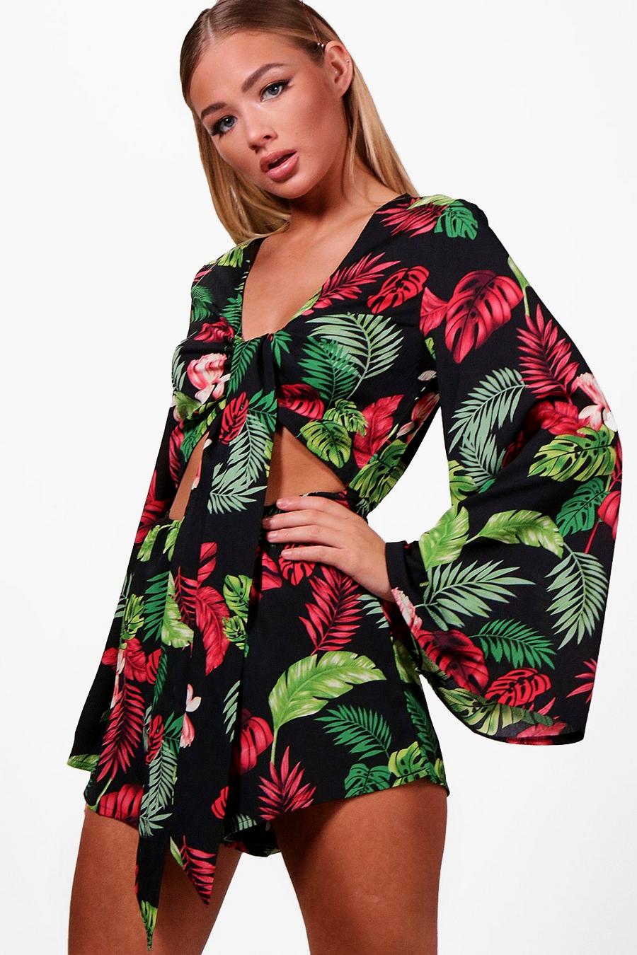 Tropical Tie Front Flare Sleeve Playsuit image number 1