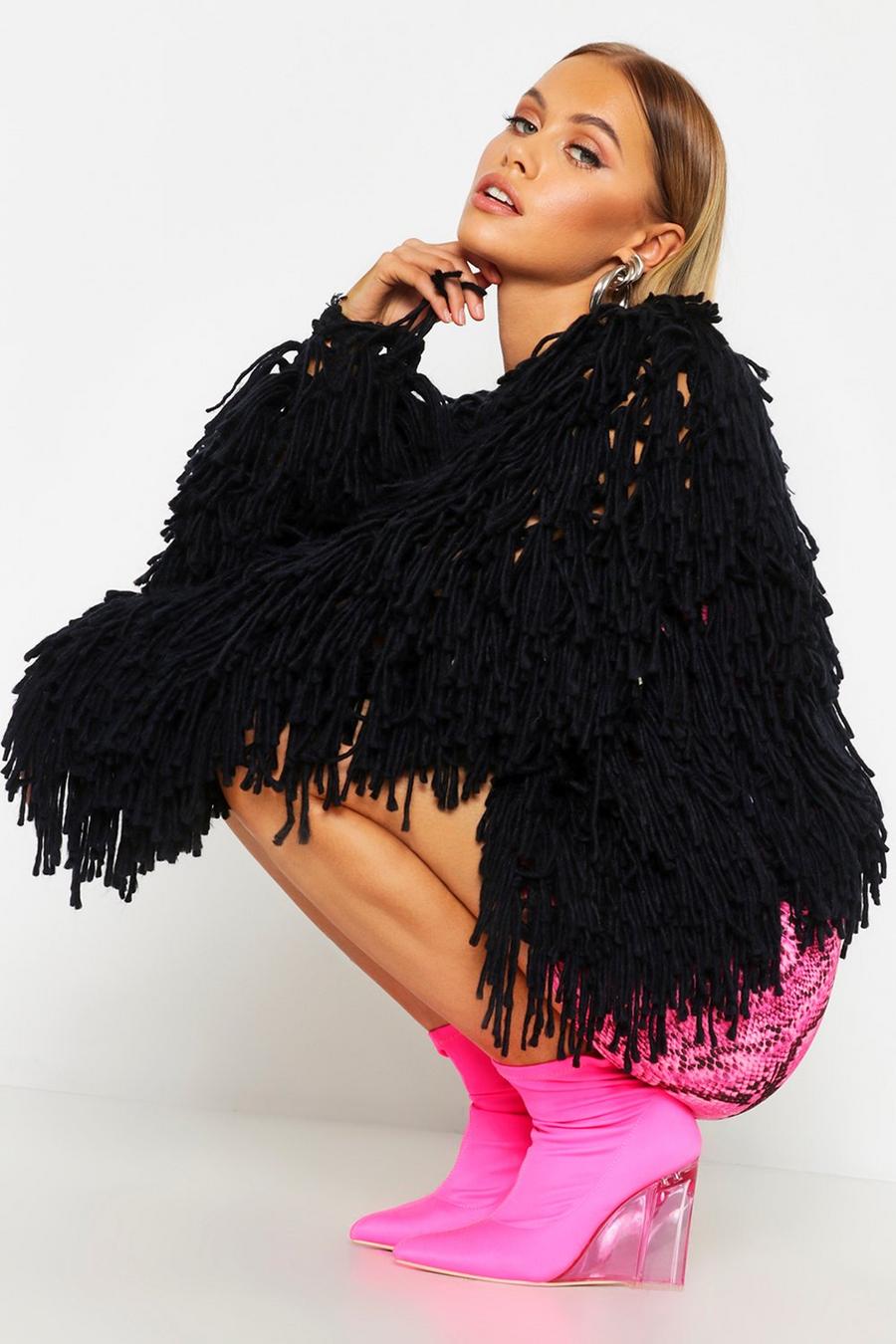 Black Cropped Shaggy Knit Cardigan image number 1