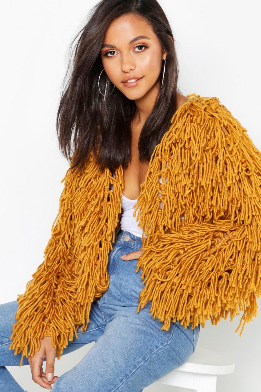 Mustard Cropped Shaggy Knit Cardigan image number 1