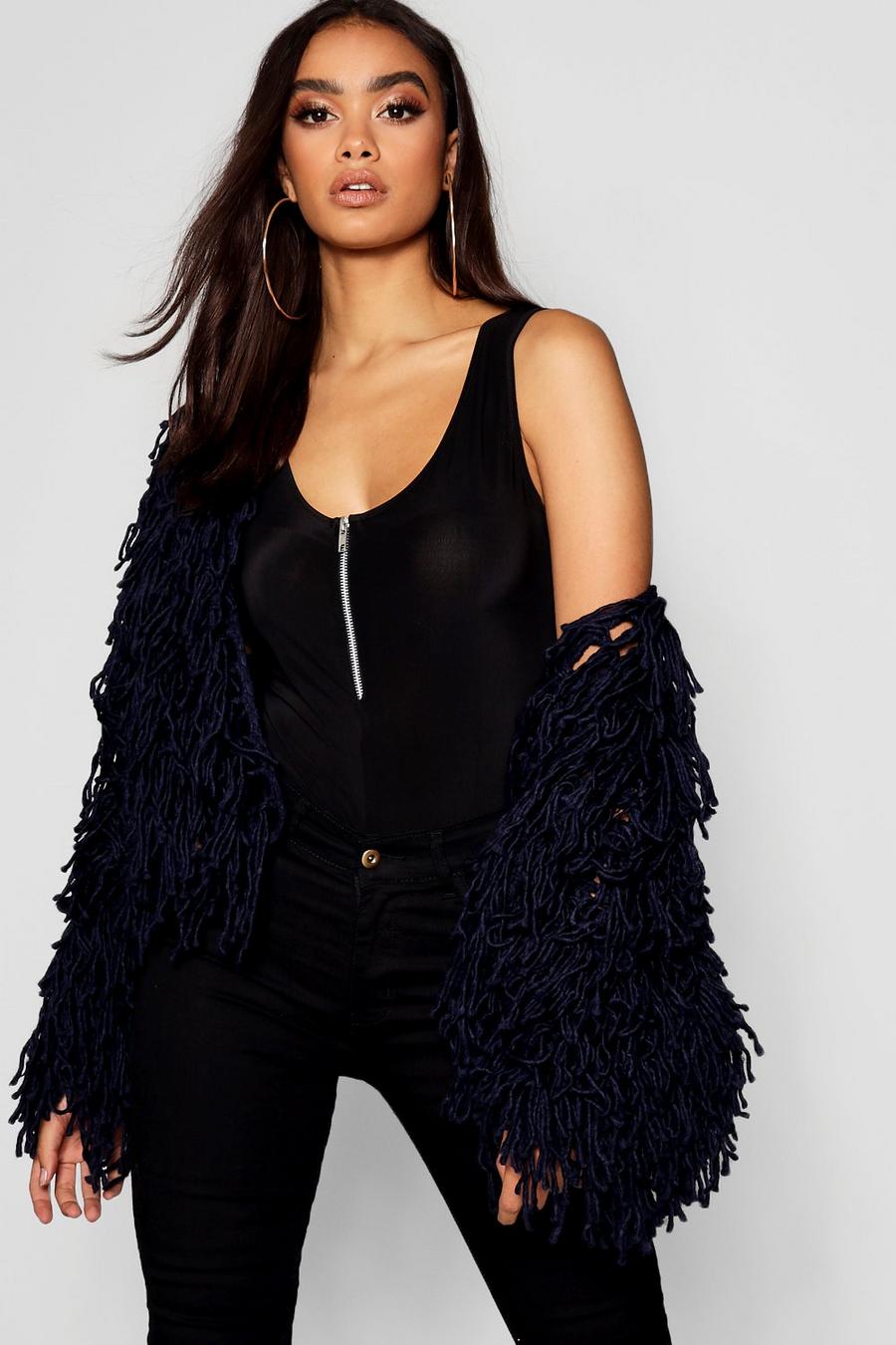 Navy Cropped Shaggy Knit Cardigan image number 1