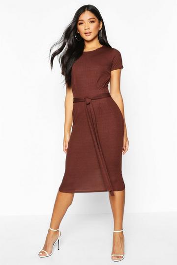 Chocolate Brown Jersey Knit Crepe Pleat Front Belted Midi Dress