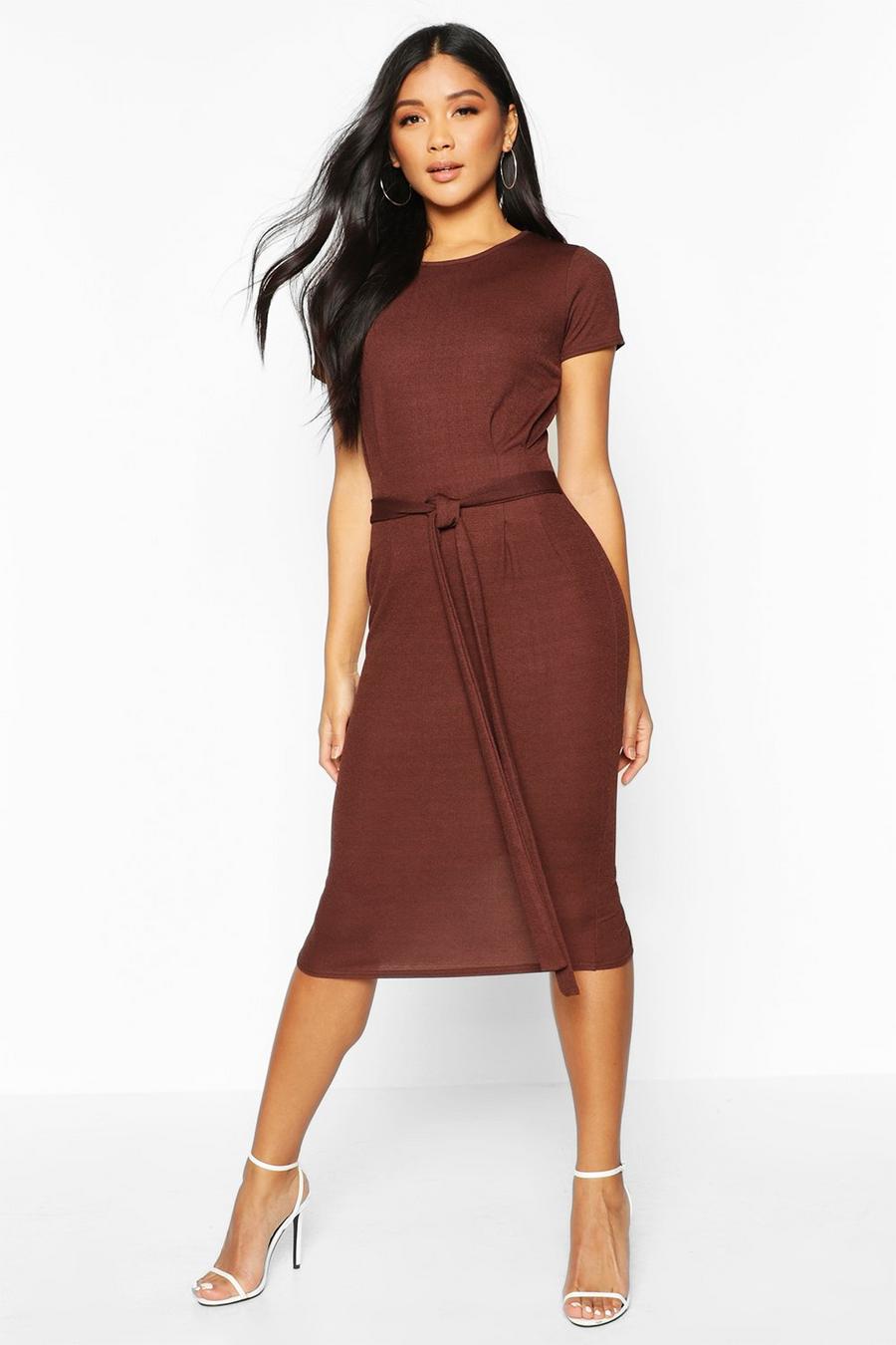 Chocolate Jersey Crepe Pleat Front Belted Midi Dress image number 1