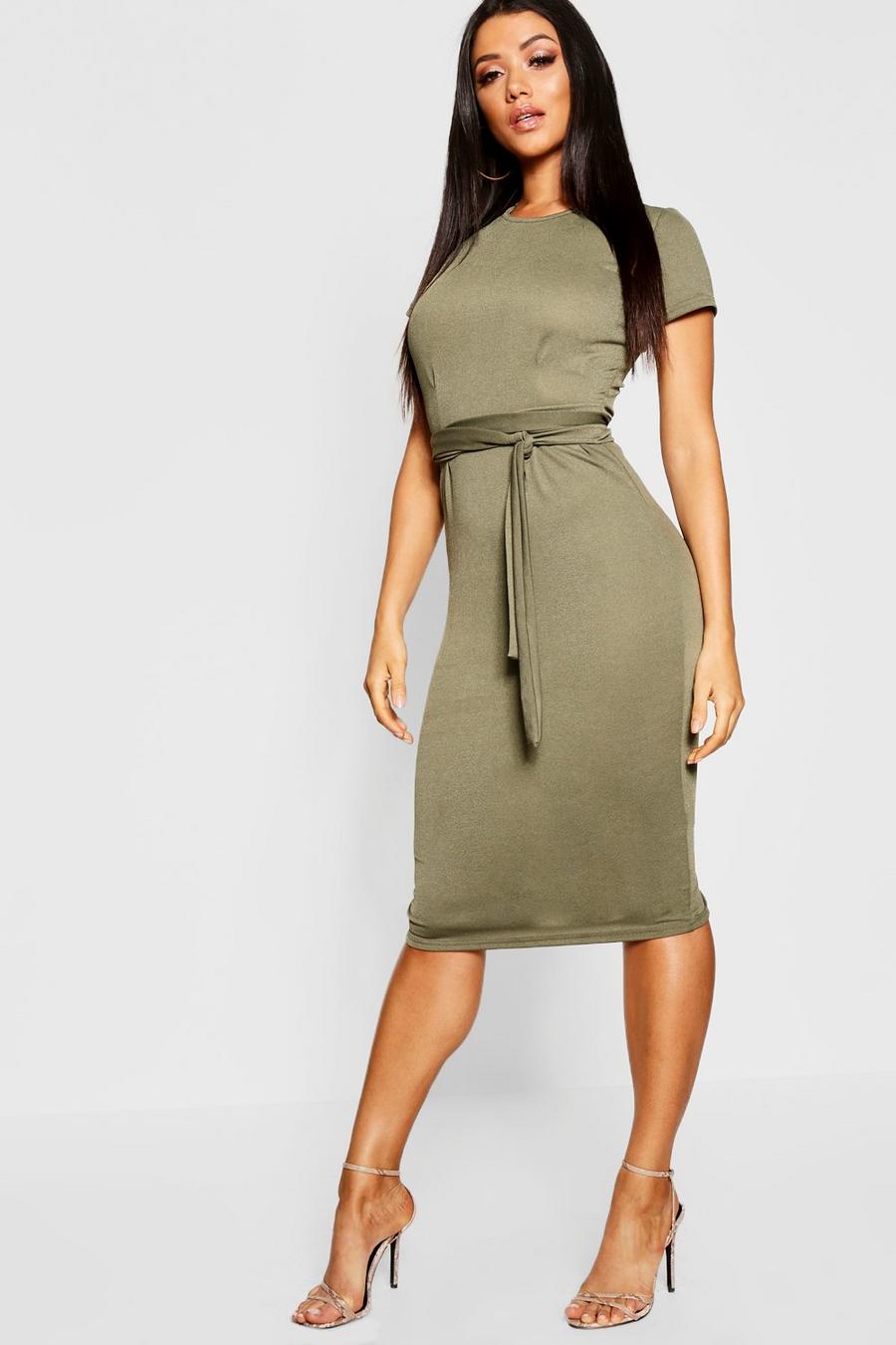 Khaki Jersey Crepe Pleat Front Belted Midi Dress image number 1