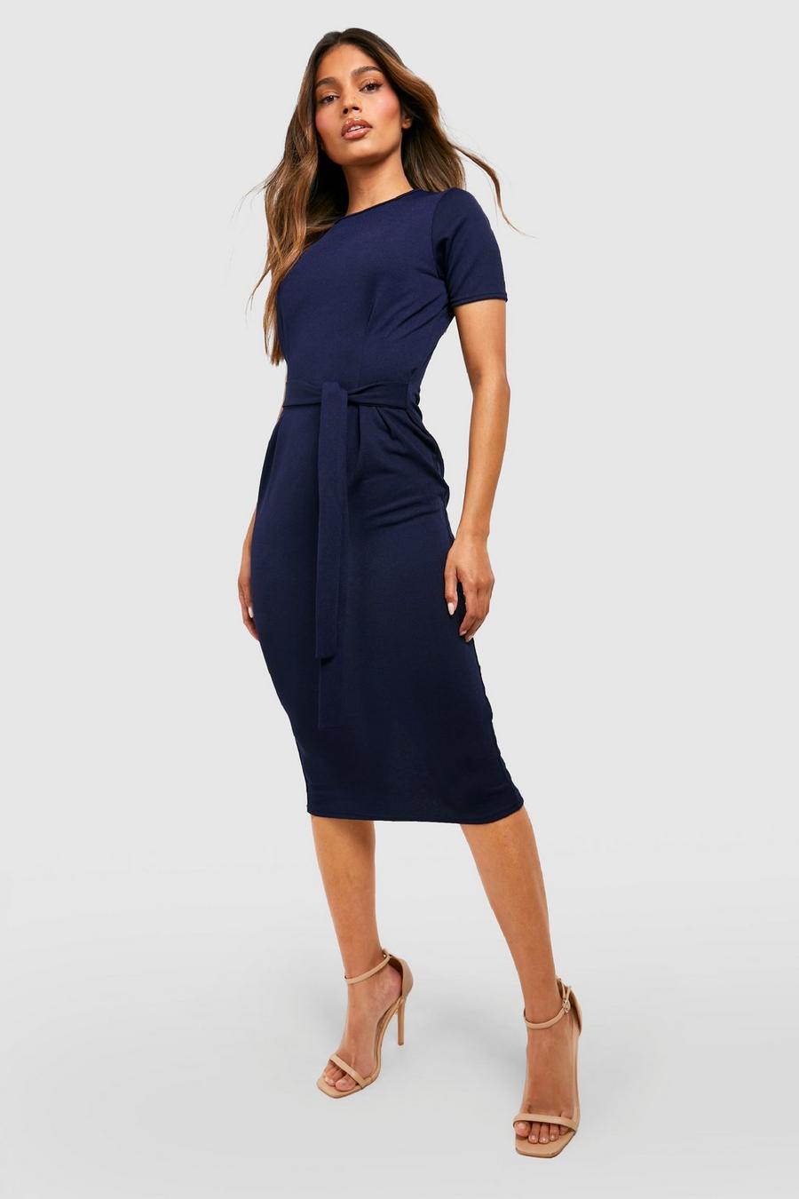 Navy Jersey Knit Crepe Pleat Front Belted Midi Dress