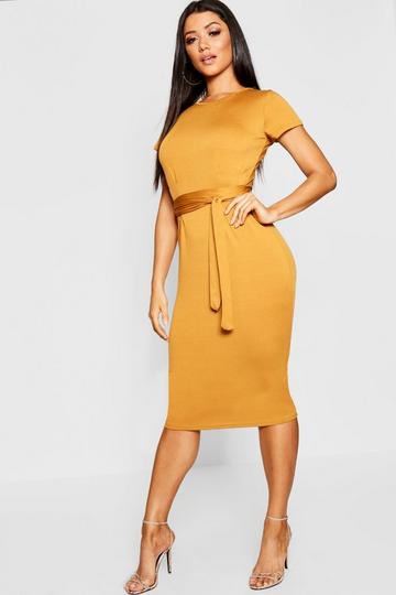 Jersey Knit Crepe Pleat Front Belted Midi Dress rust