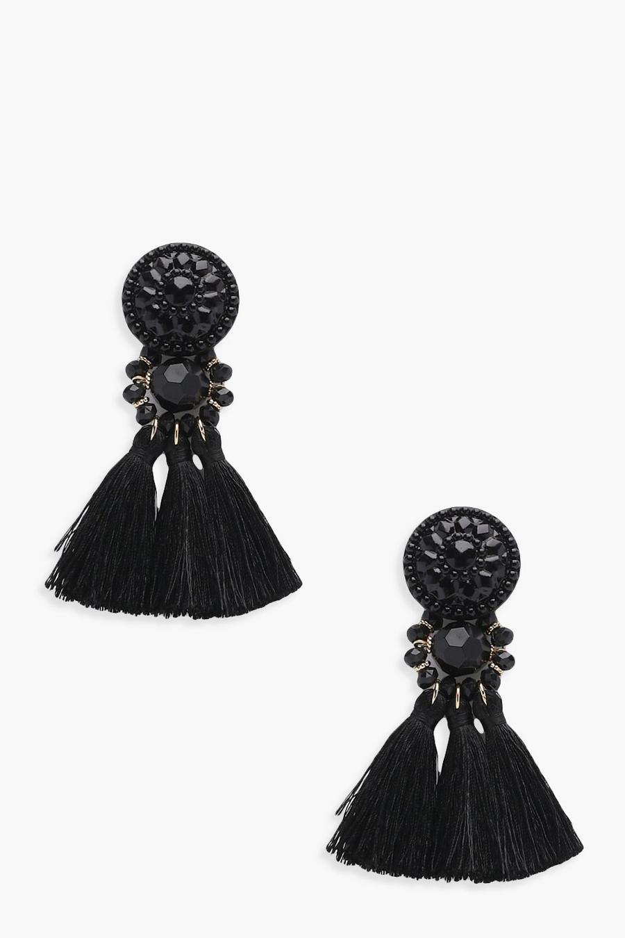 Black Floral Tassel Bead Statement Earrings image number 1