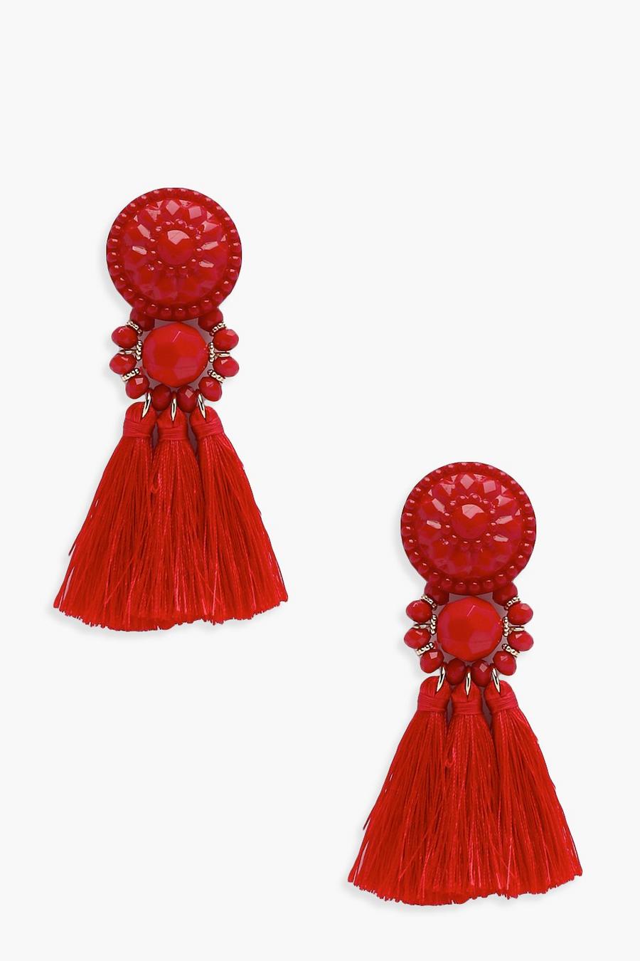 Red Floral Tassel Bead Statement Earrings image number 1