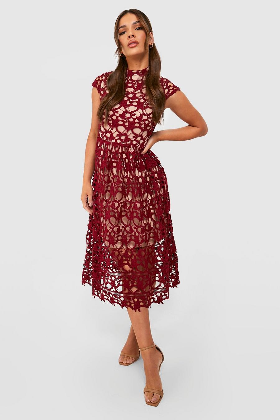 Berry red Boutique Lace Midi Skater Bridesmaid Dress