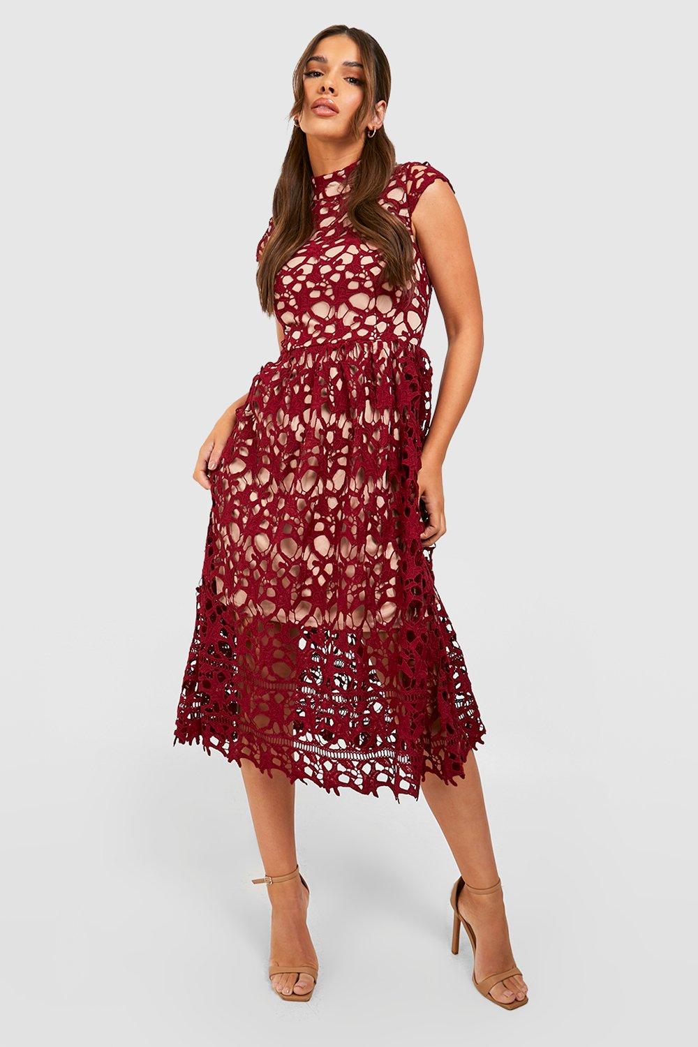 Boohoo burgundy lace dress sale