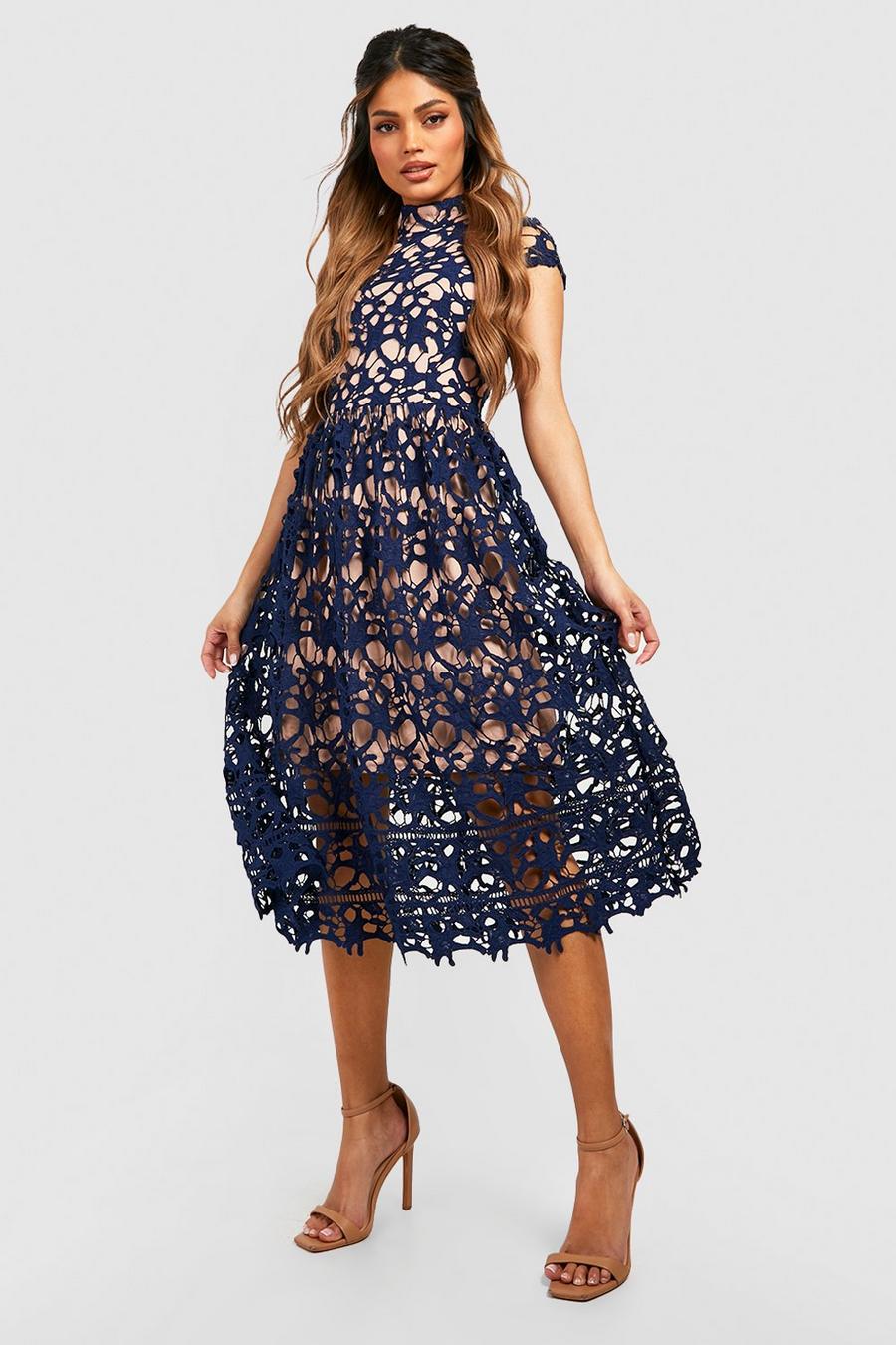 Navy Boutique Lace Midi Skater Bridesmaid Dress image number 1