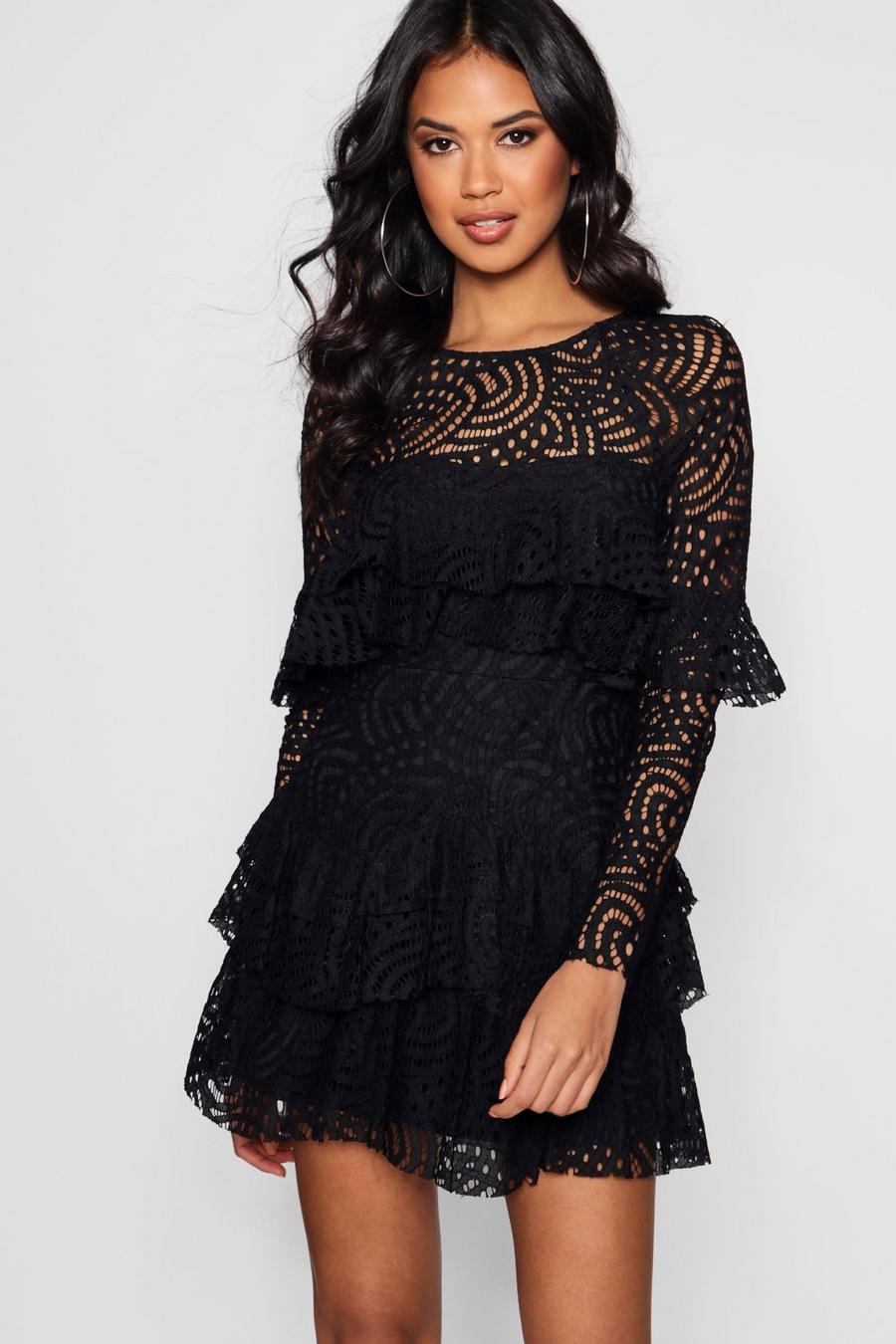 שחור שמלת סקייטר בוטיק עם תחרה ומלמלה image number 1