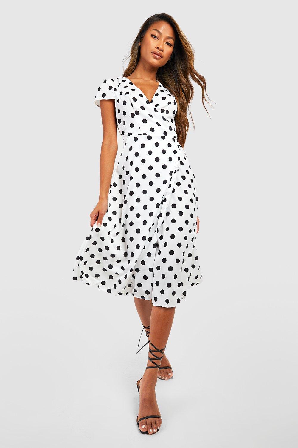 Black polka dot wrap dress online