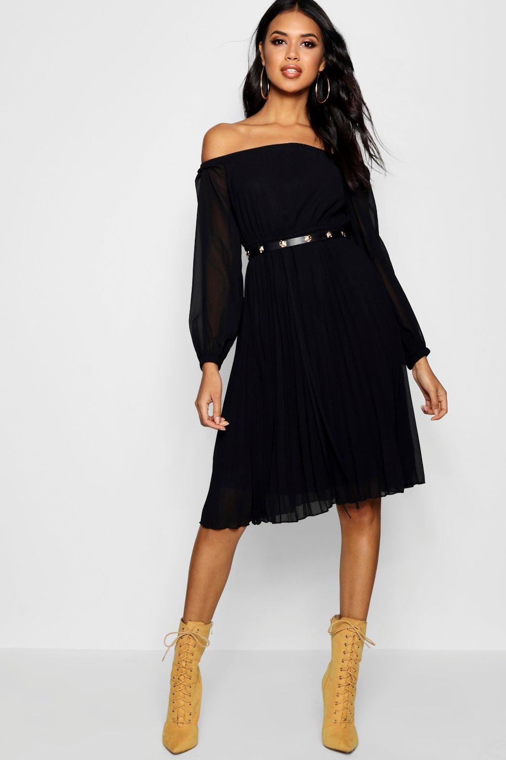 off the shoulder midi skater dress