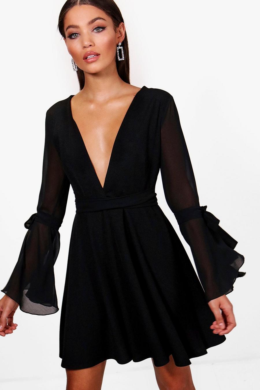 שחור שמלת סקייטר משיפון עם שרוולים מתרחבים image number 1