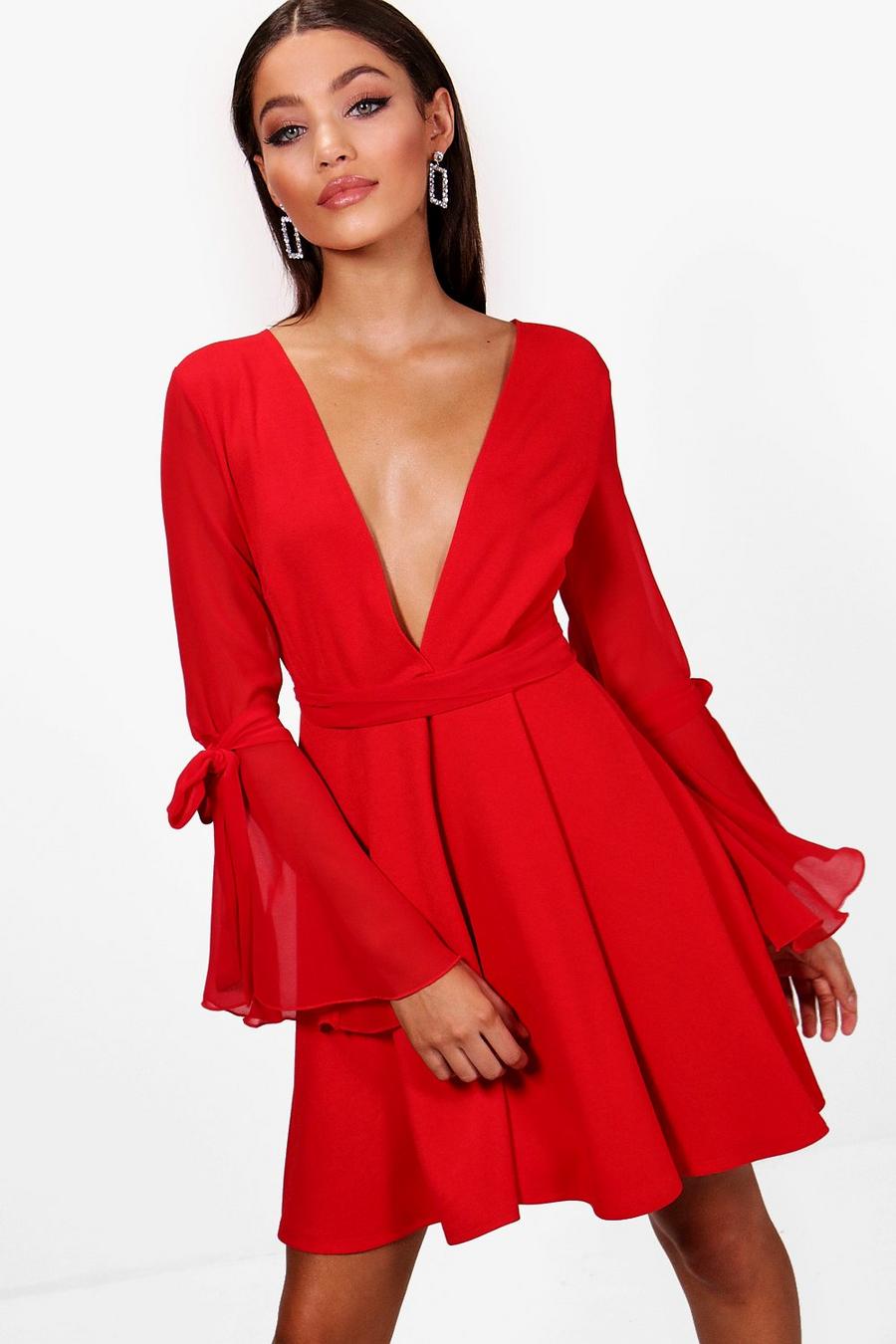 Red Chiffon Flared Sleeve Skater Dress image number 1