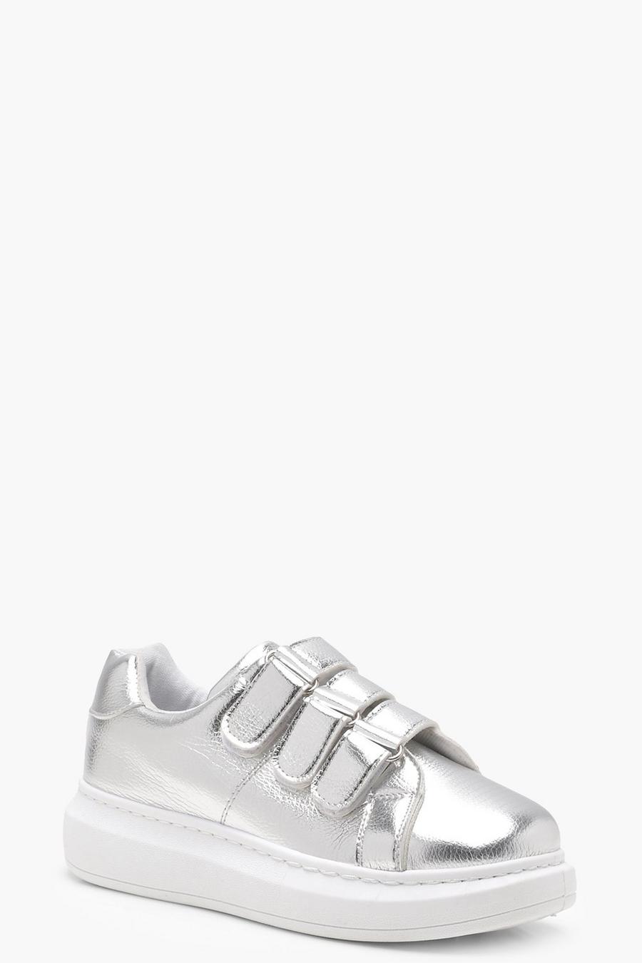 Silver Velcro Metallic Platform Trainers image number 1