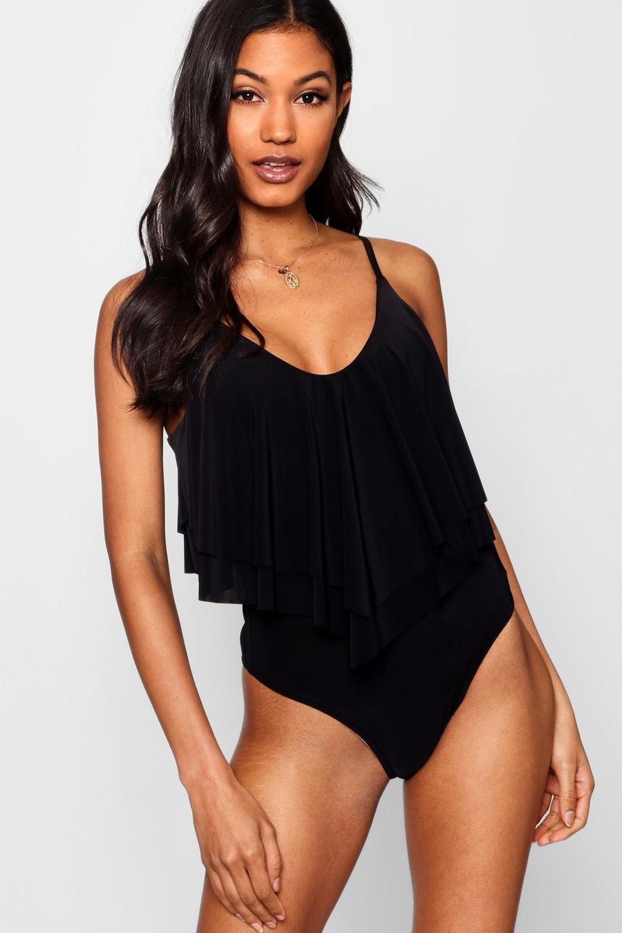 Black Double Layer Frill Bodysuit image number 1