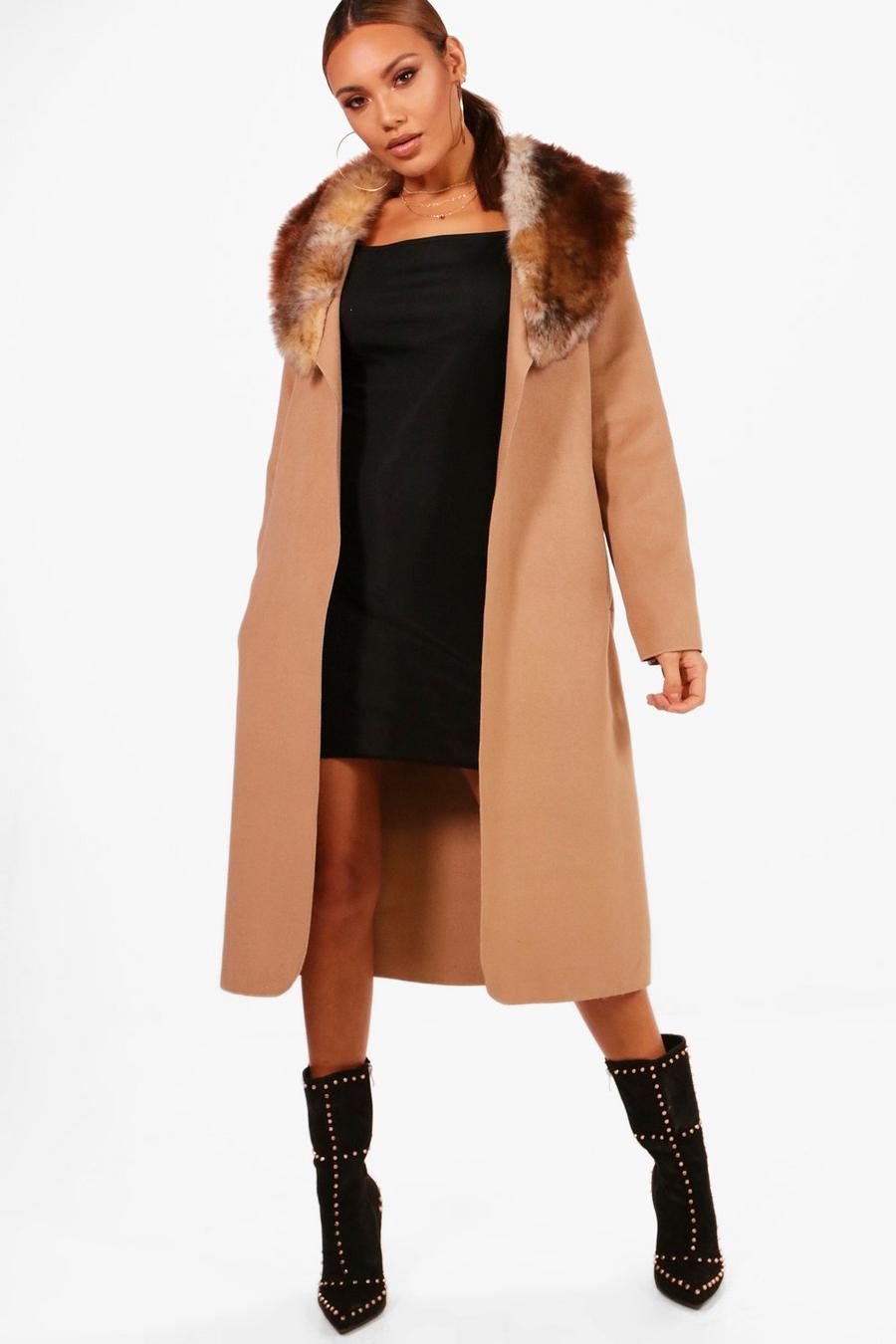 Chicwish Delicate Button Trim Faux Fur Knit Coat in Camel Brown S-M