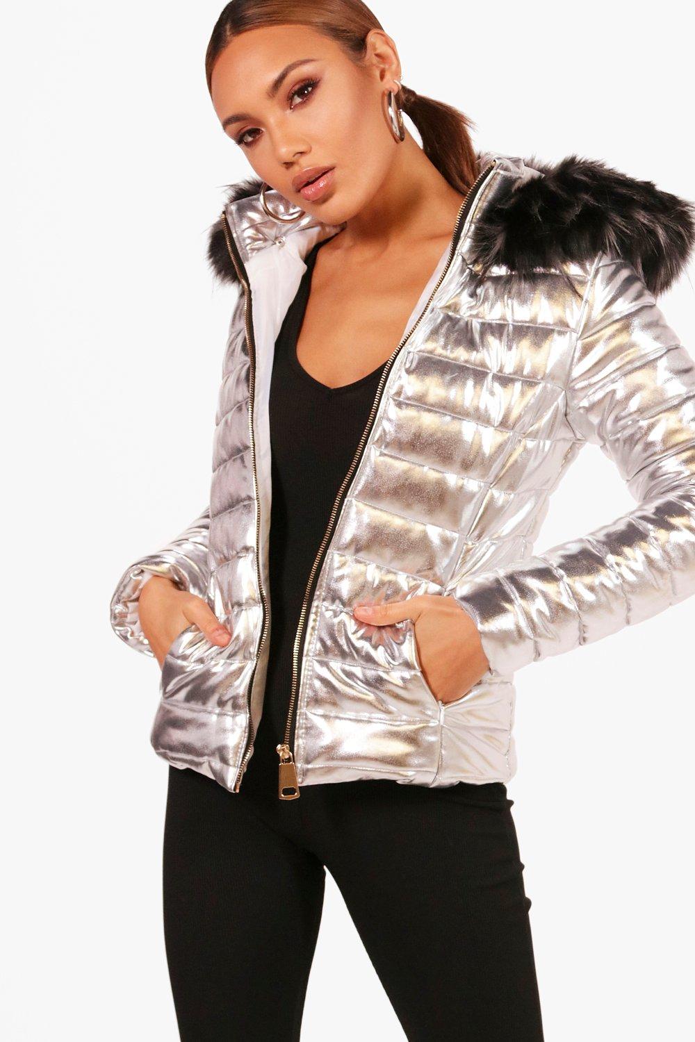 silver puffer jacket with fur hood