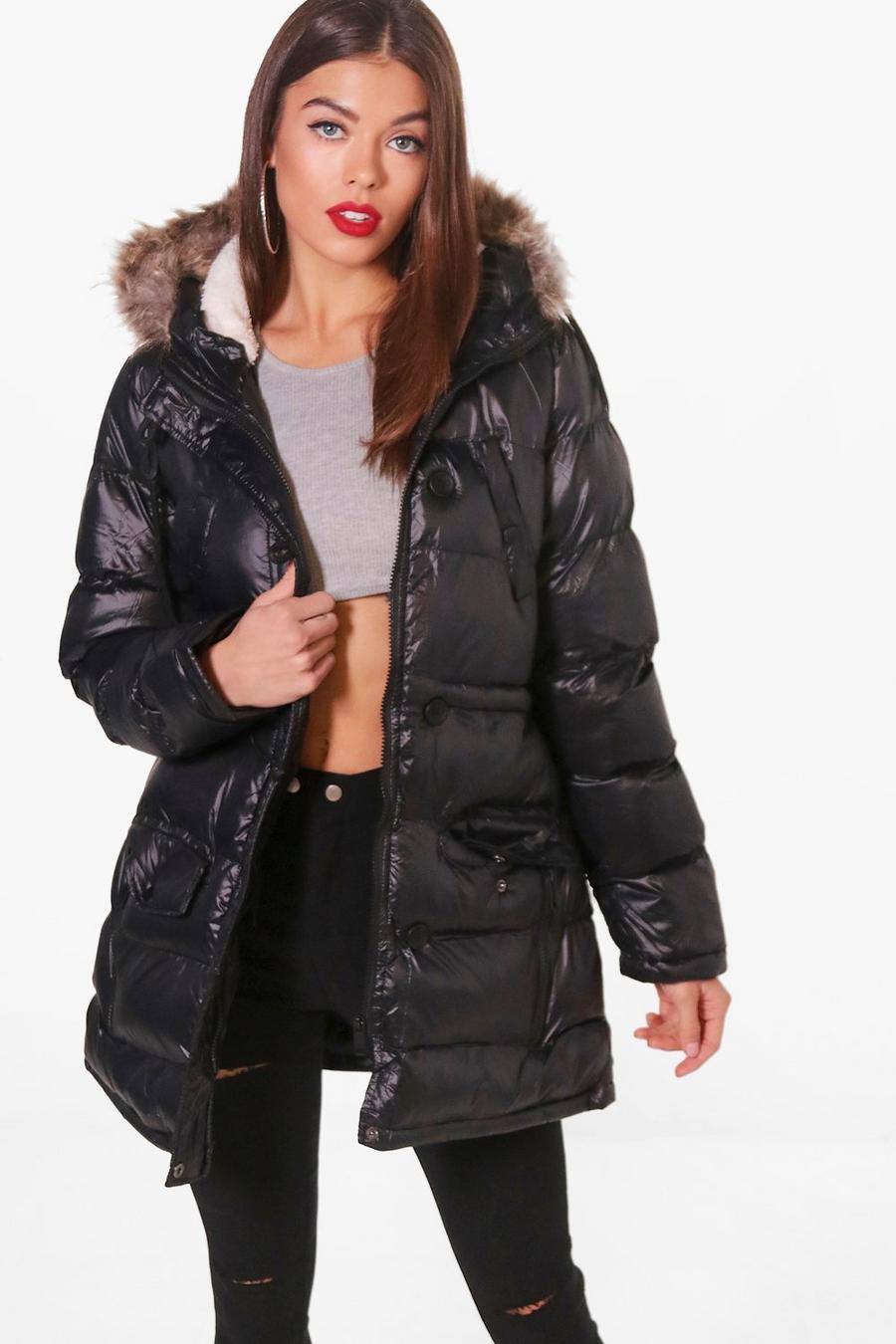Shiny Faux Fur Hood Puffer Jacket, Black image number 1