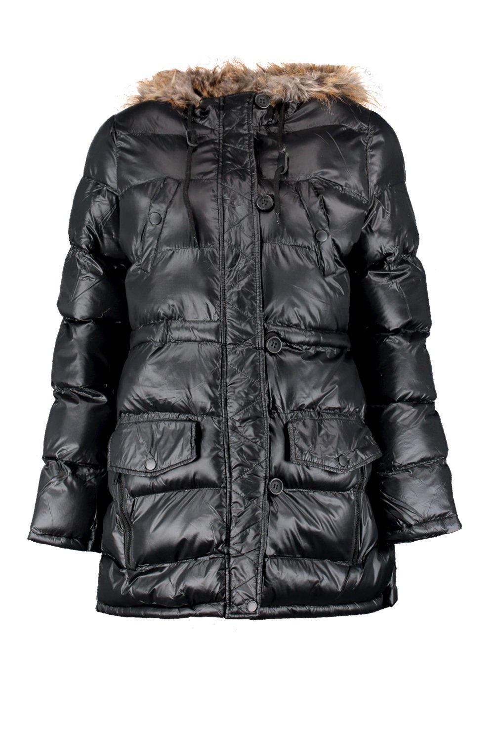 Shiny black coats on sale with fur hood