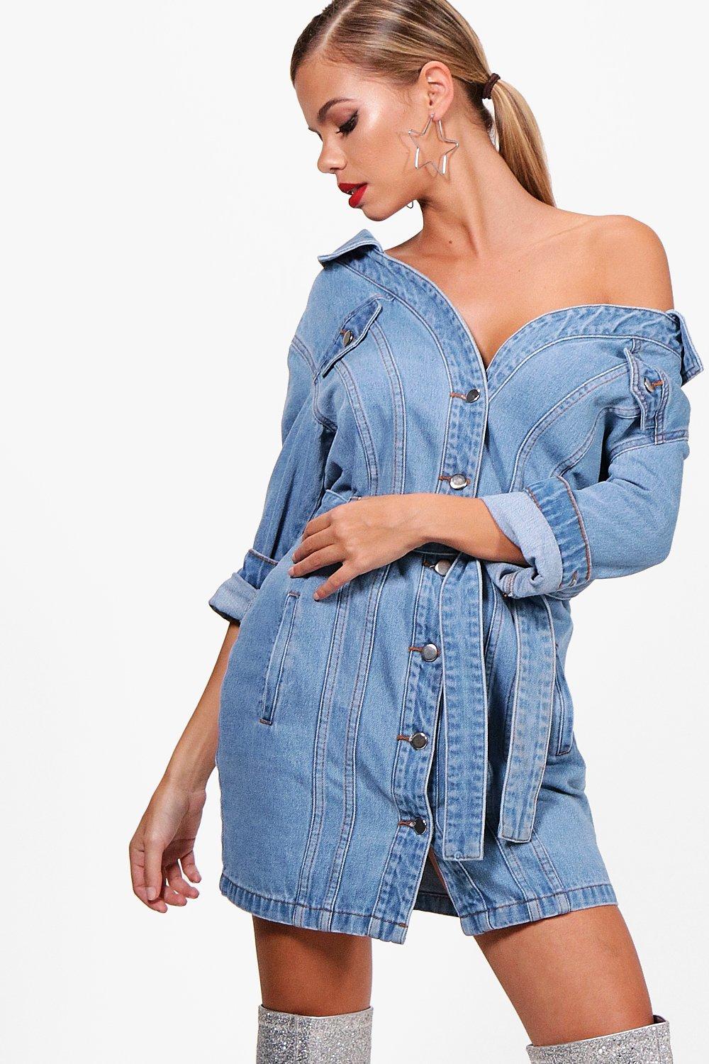 off the shoulder denim dress