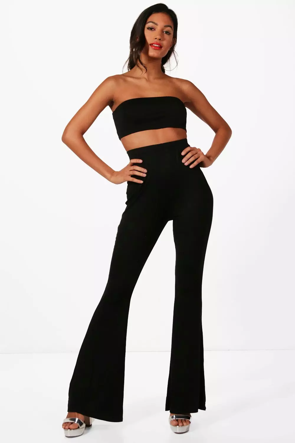 Black Basic Bandeau and Flared Trouser Co-ord Set alternative image