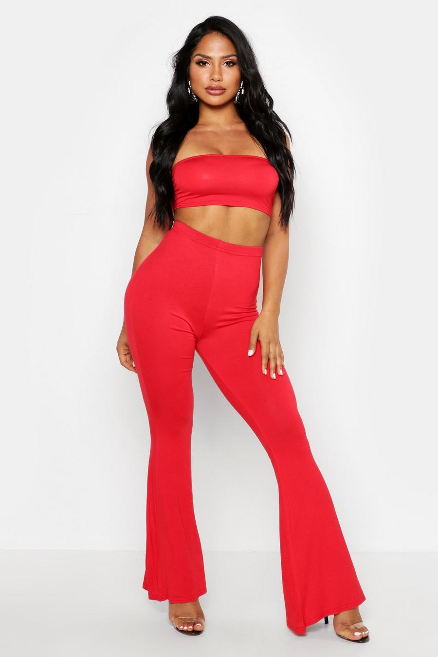 Red Basic Bandeau And Flared Pants Co-Ord Set image number 1