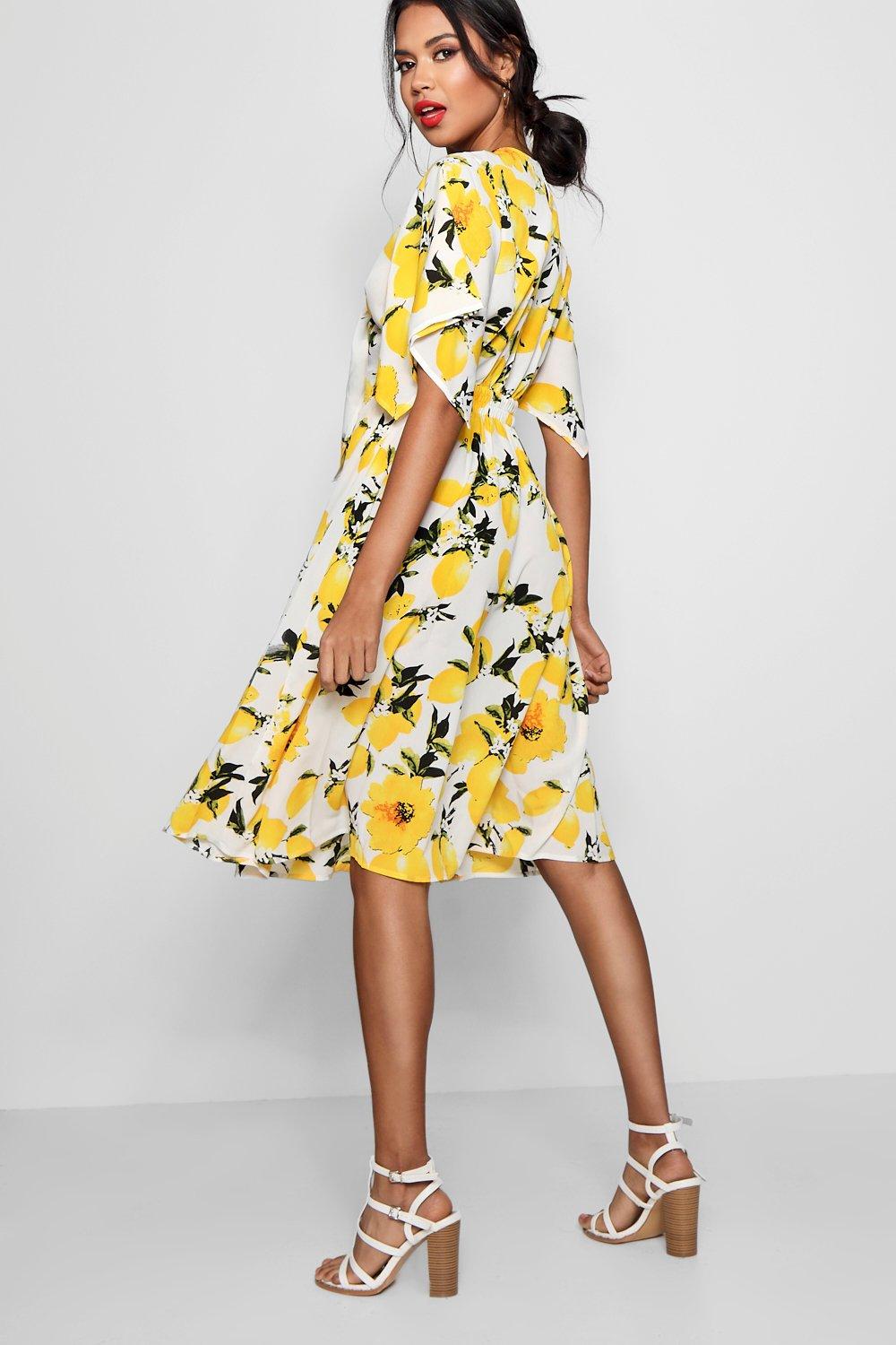 Knot Front Lemon Print Midi Dress boohoo IE