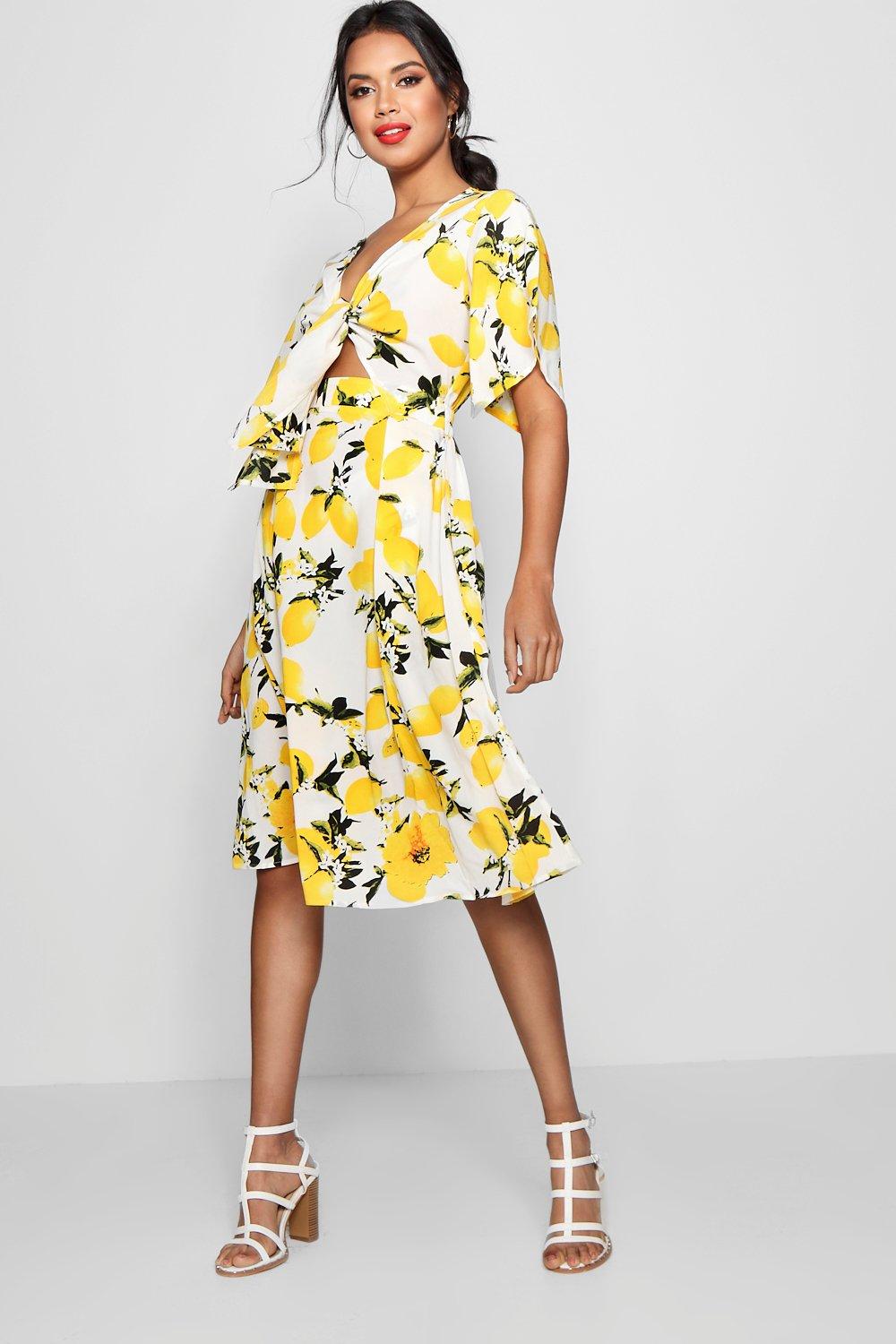 Knot Front Lemon Print Midi Dress boohoo NL