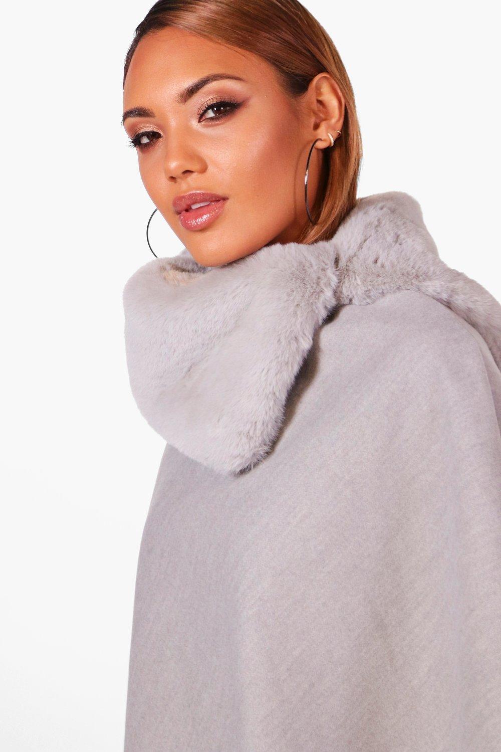 Boohoo faux fur collar cape sale