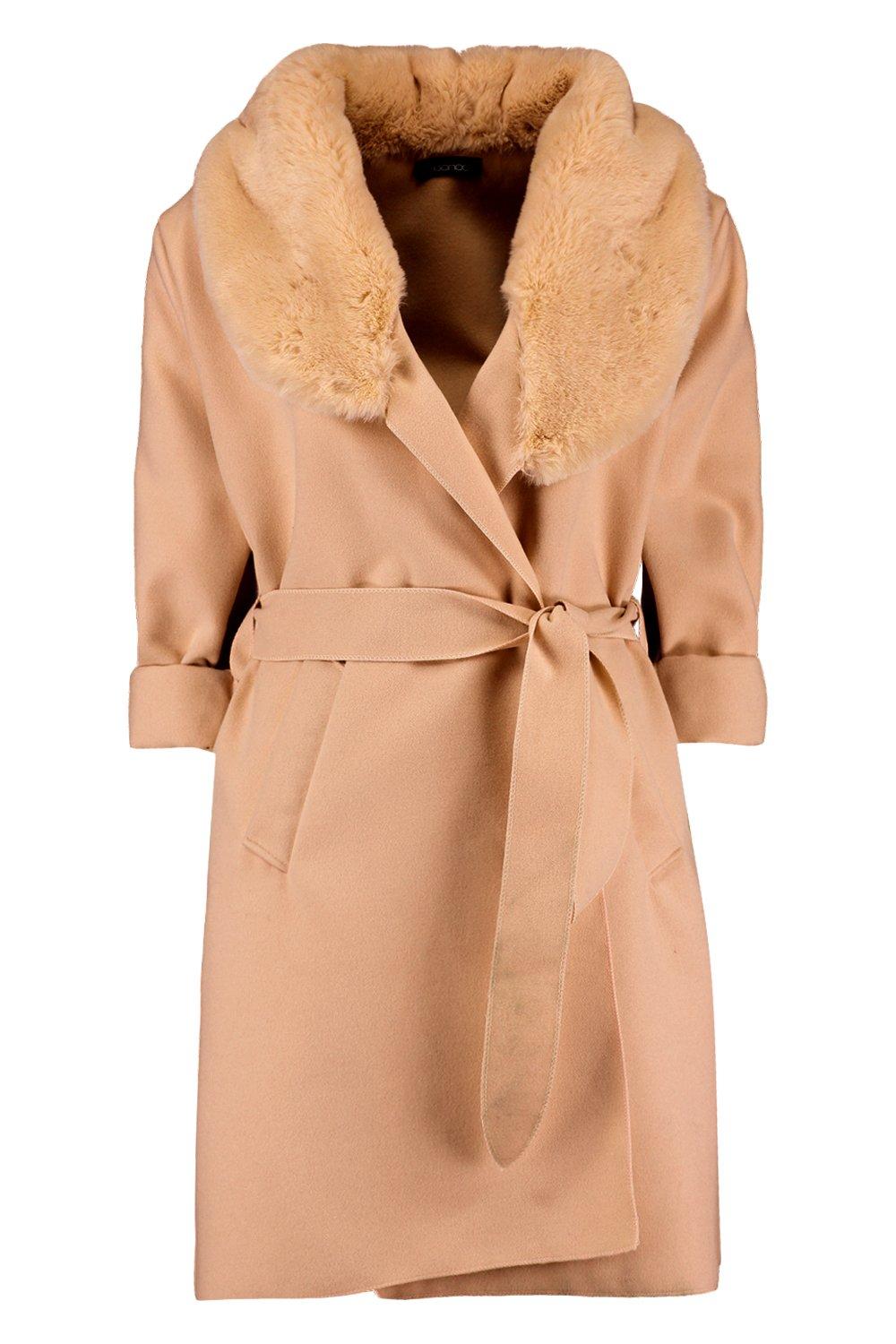 Ladies camel coat deals with fur collar