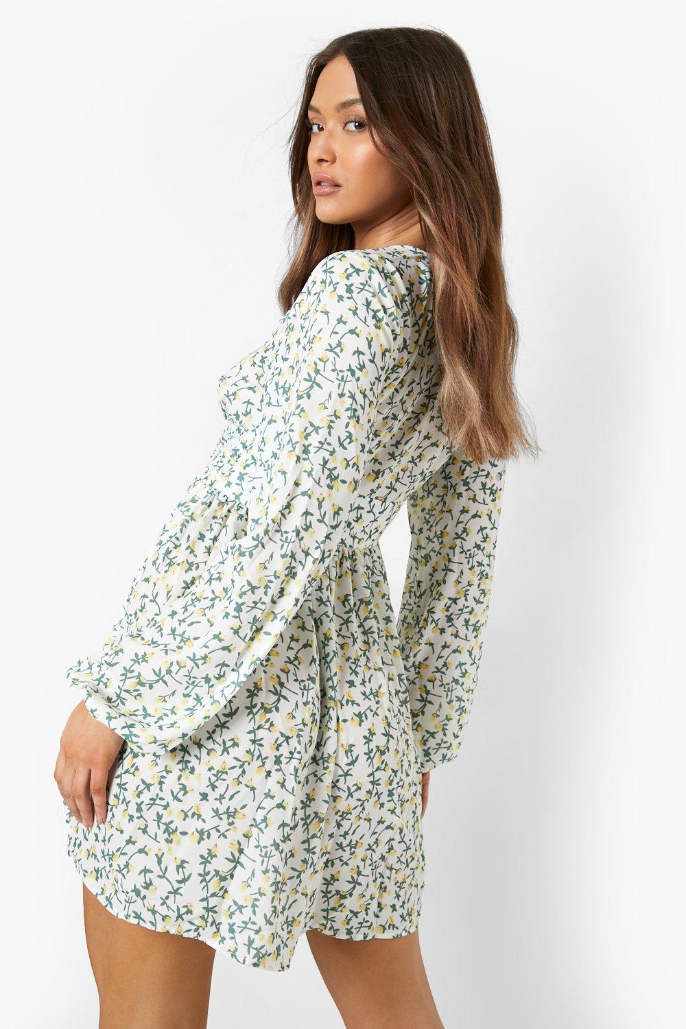 Ruched Waist Floral Tea Dress boohoo UK