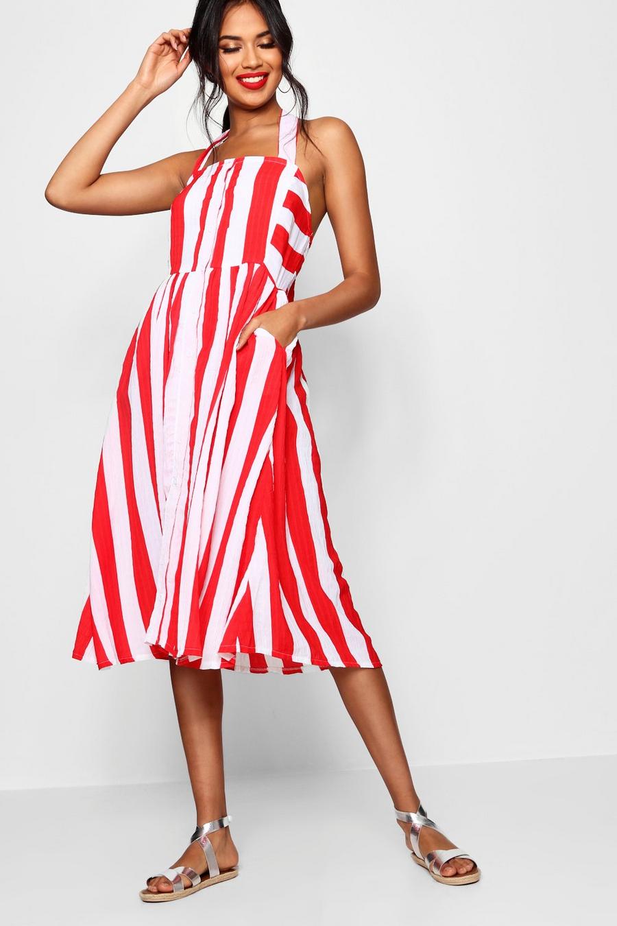 Red Halterneck Striped Midi Dress image number 1