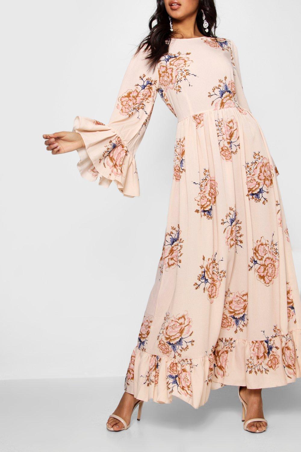 Ruffle Hem Flared Sleeve Maxi Dress 