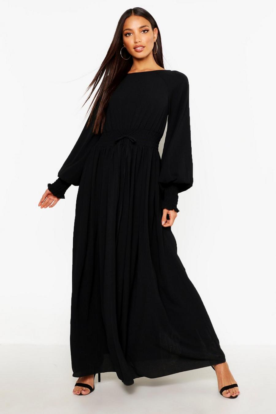 Black Shirred Waist & Cuff Woven Maxi Dress