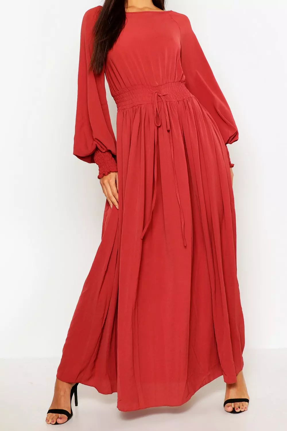 Shirred Waist Cuff Woven Maxi Dress