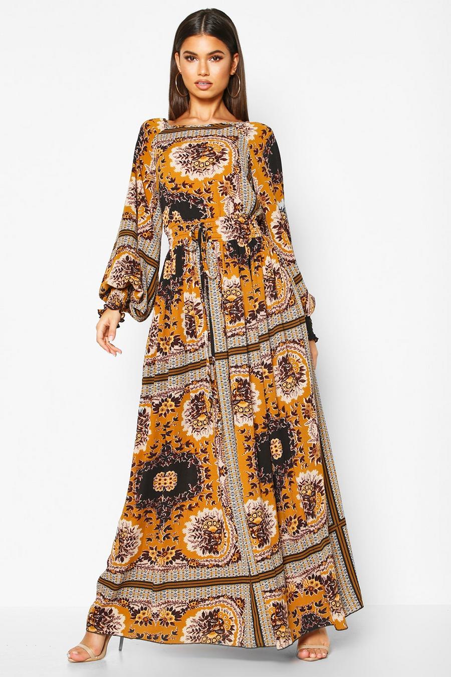 Robe longue froncée à imprimé foulard, Sable du désert orange