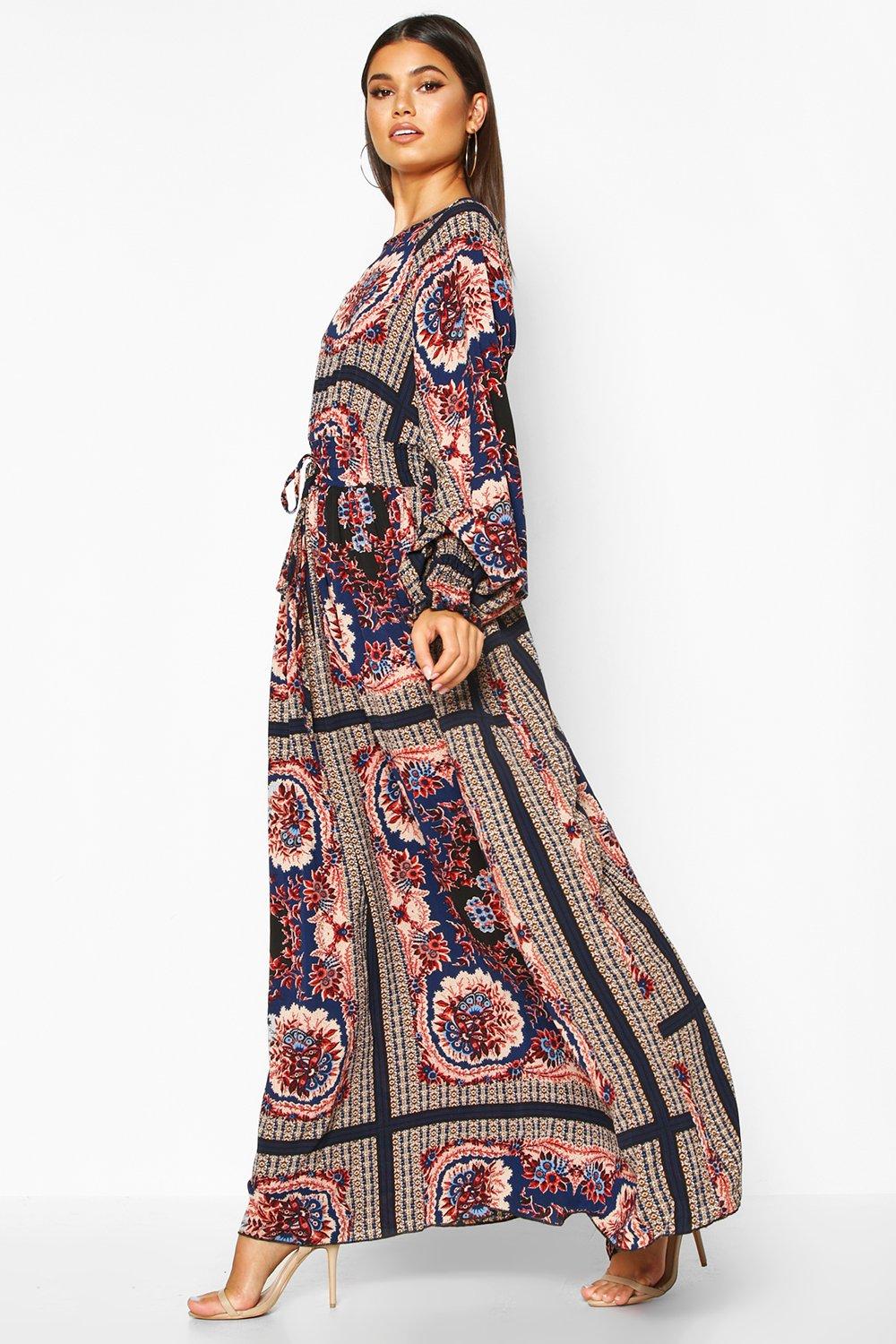 Women's Shirred Waist Scarf Print Maxi Dress | Boohoo UK