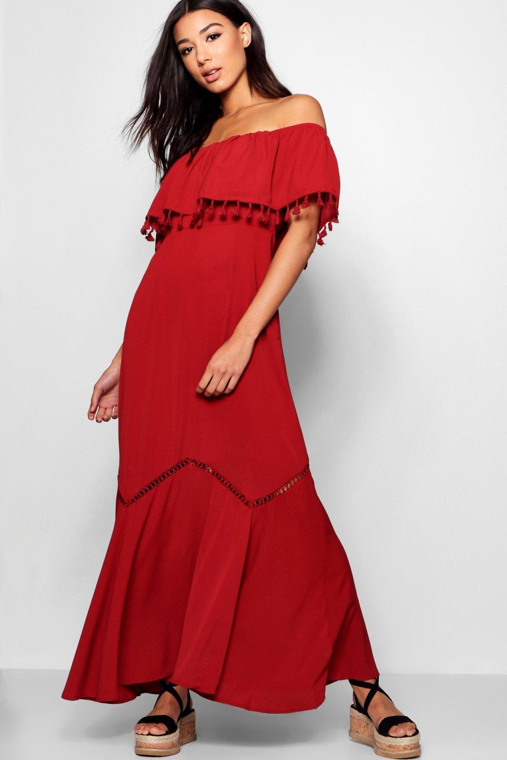 boohoo off the shoulder maxi dress