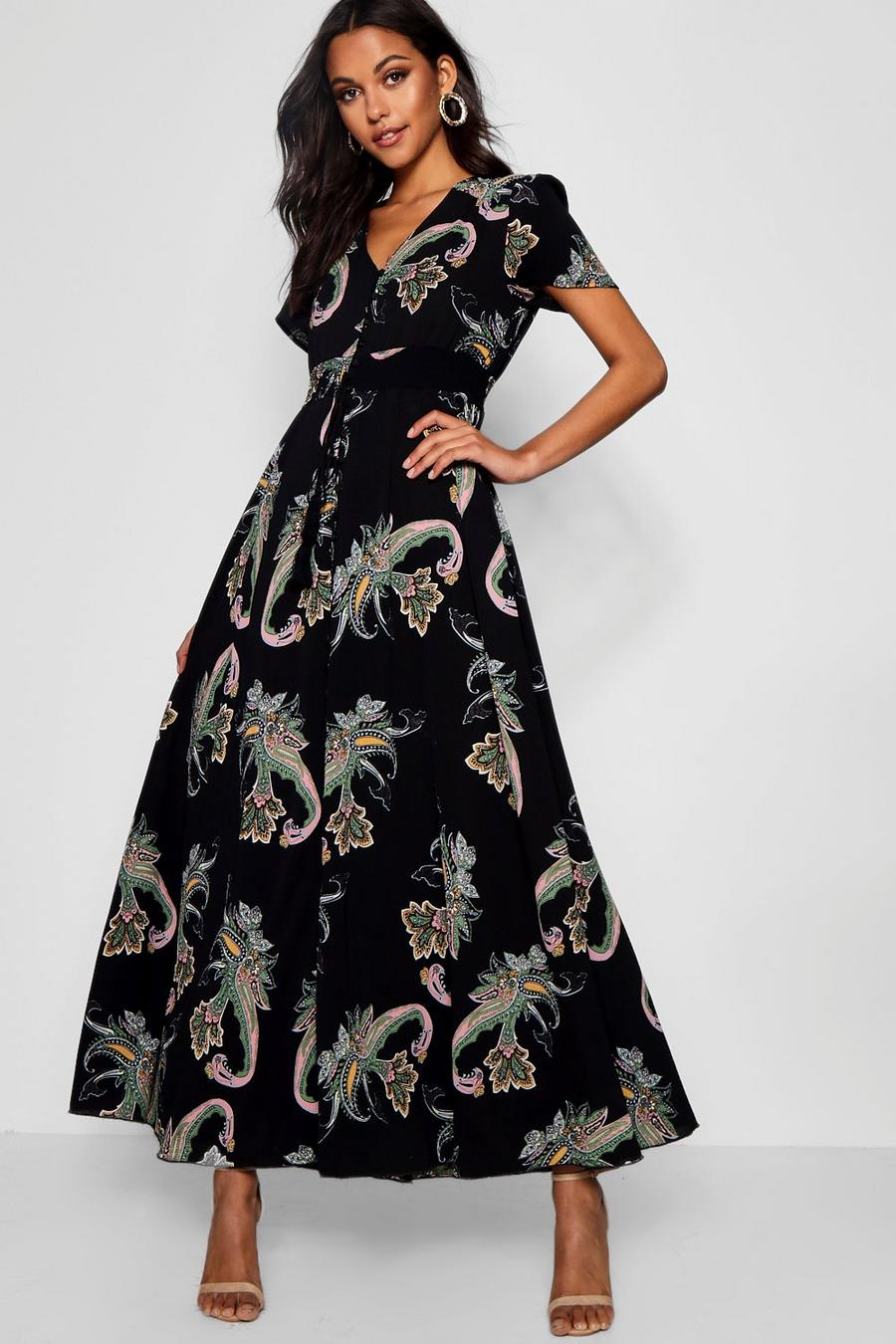 Black Paisley Print Shirred Waist Maxi Dress image number 1